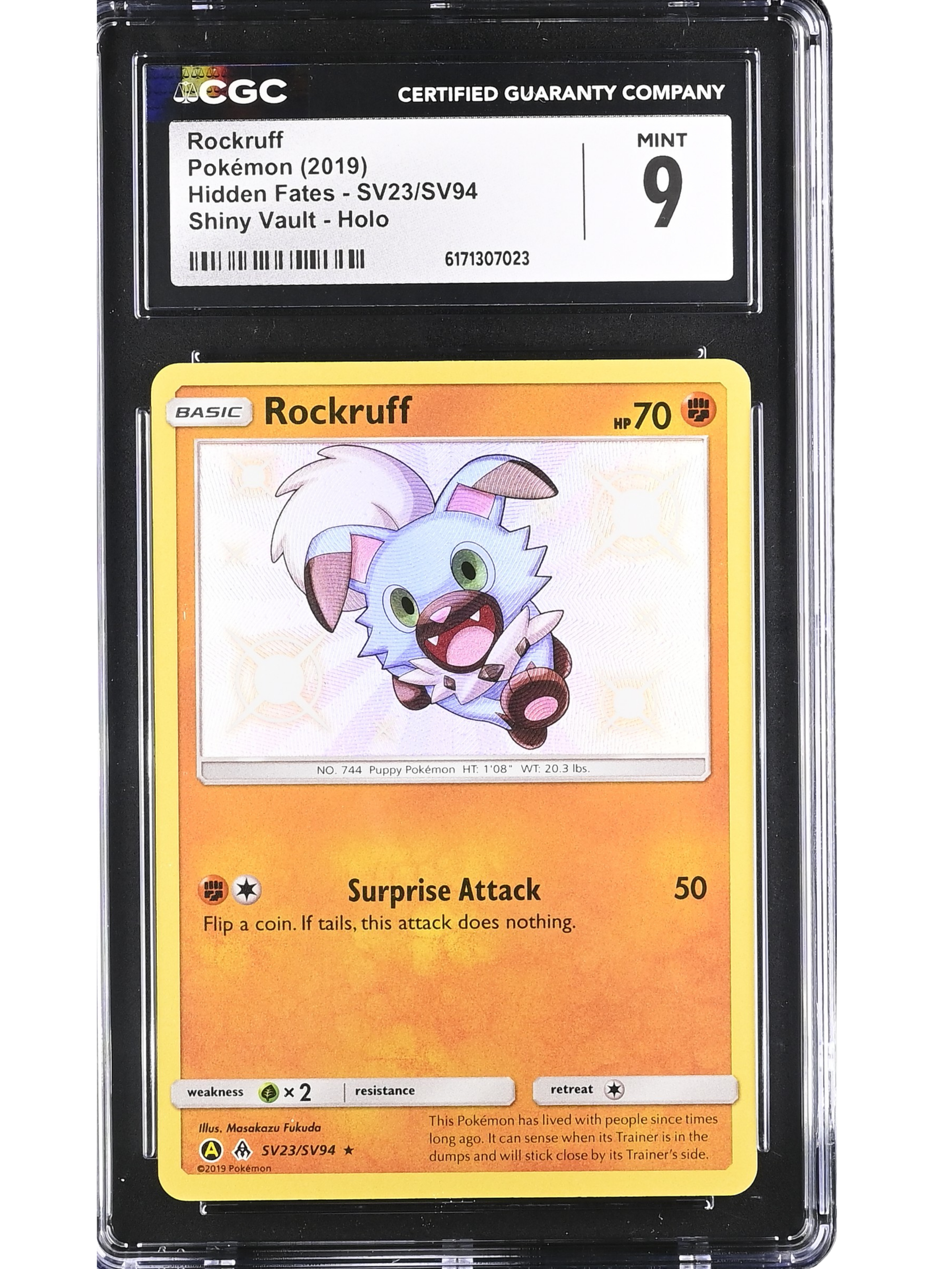 rockruff pokemon cards 2019 S&M Hidden Fates SV23 Holo - CGA 9.5 Fighting Crunch (30) Flip a coin Pokemon TCG - s8b -