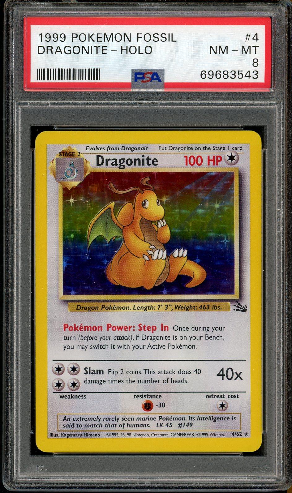 1999 Pokémon Fossil Dragonite Holo #4 PSA 8 | Rare Candy